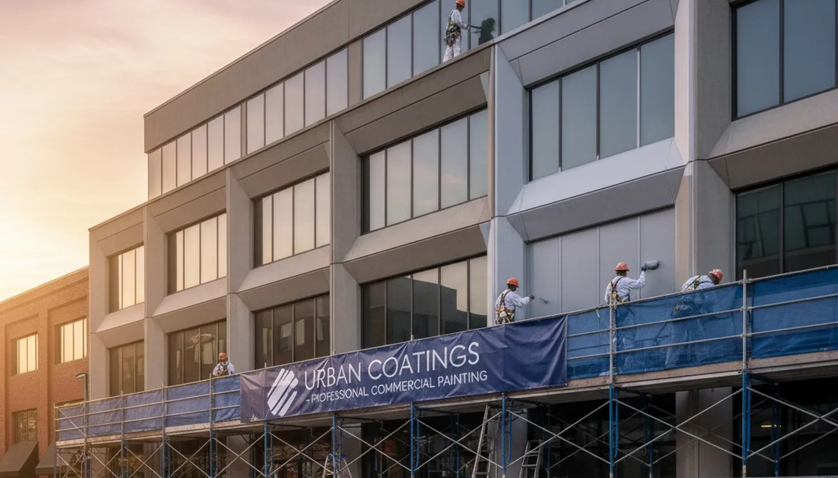 Professional commercial painters working on exterior business building in Mansfield, MA