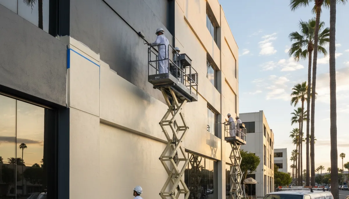 Professional commercial painters working on an office exterior in Mansfield, MA