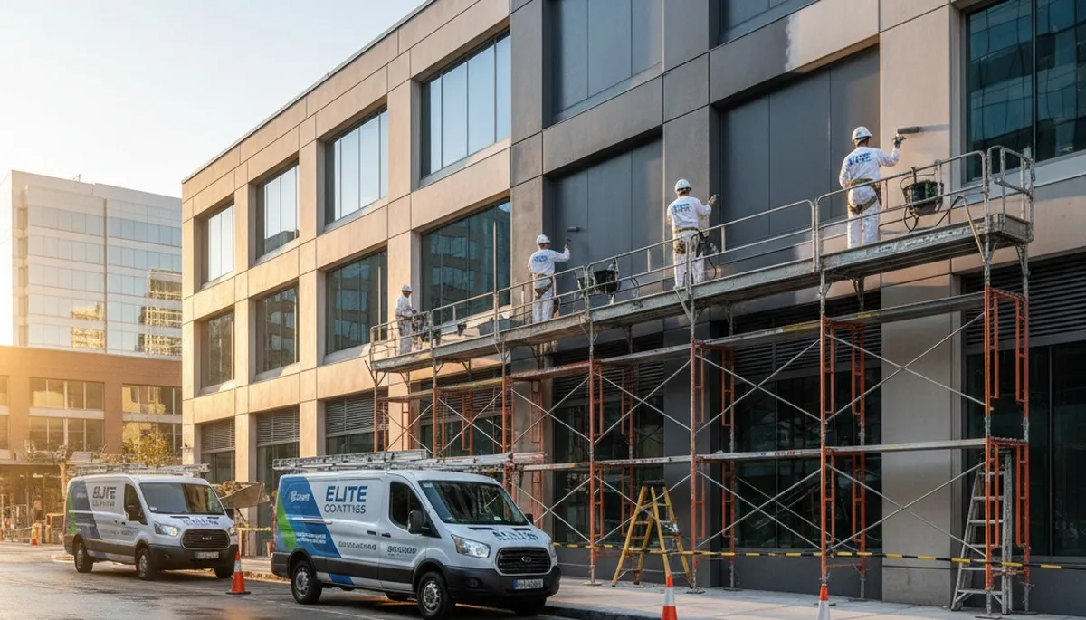 Professional commercial painters working on office exterior in Mansfield, MA