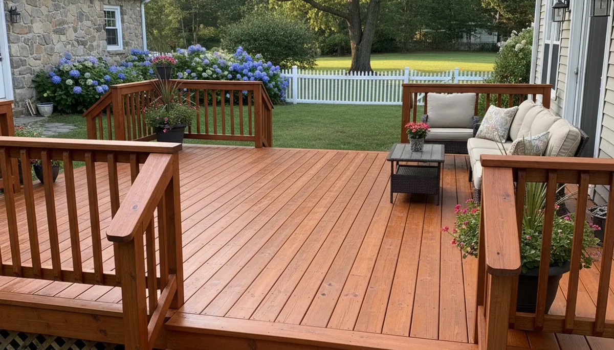 Finished deck staining in Mansfield, MA highlighting rich wood tones and durable weatherproof protection