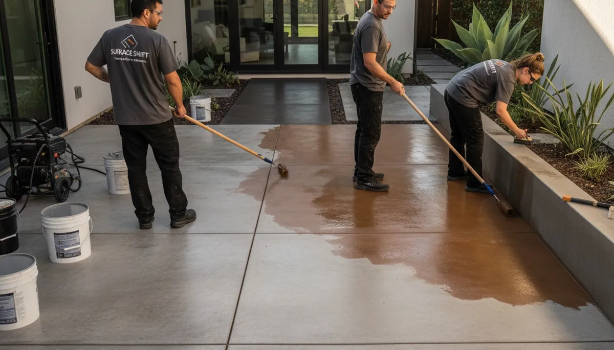Professional concrete staining on a residential garage floor in Mansfield, MA by expert painters
