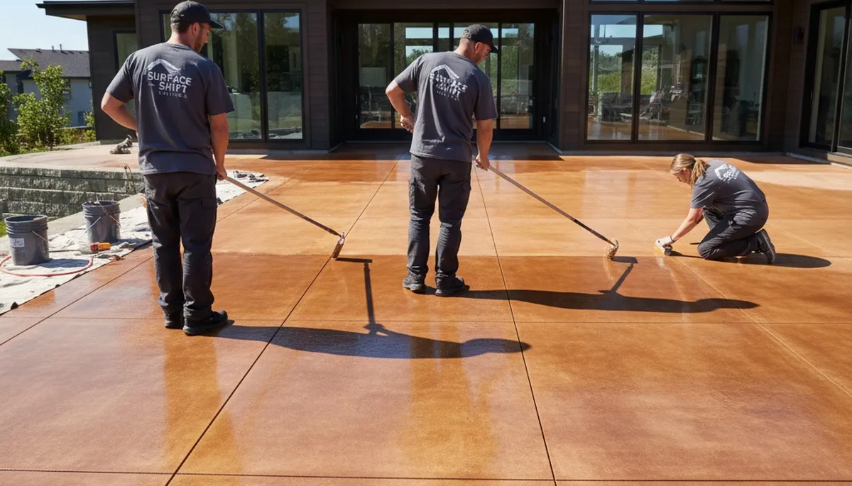 Professional concrete staining for patios and garage floors in Mansfield, MA by expert painters