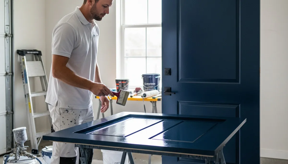 Professional door painting service in Mansfield, MA showcasing freshly refinished front door