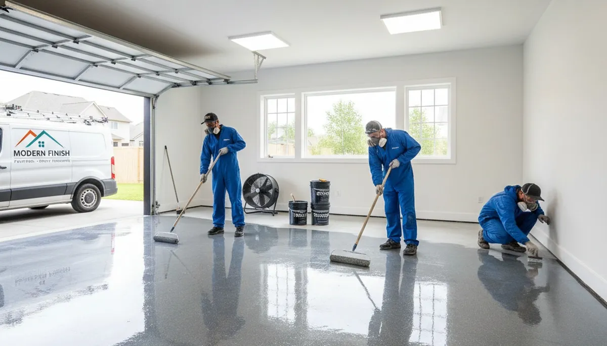 Epoxy garage floor coating in Mansfield MA by professional house painters for durable, glossy finish
