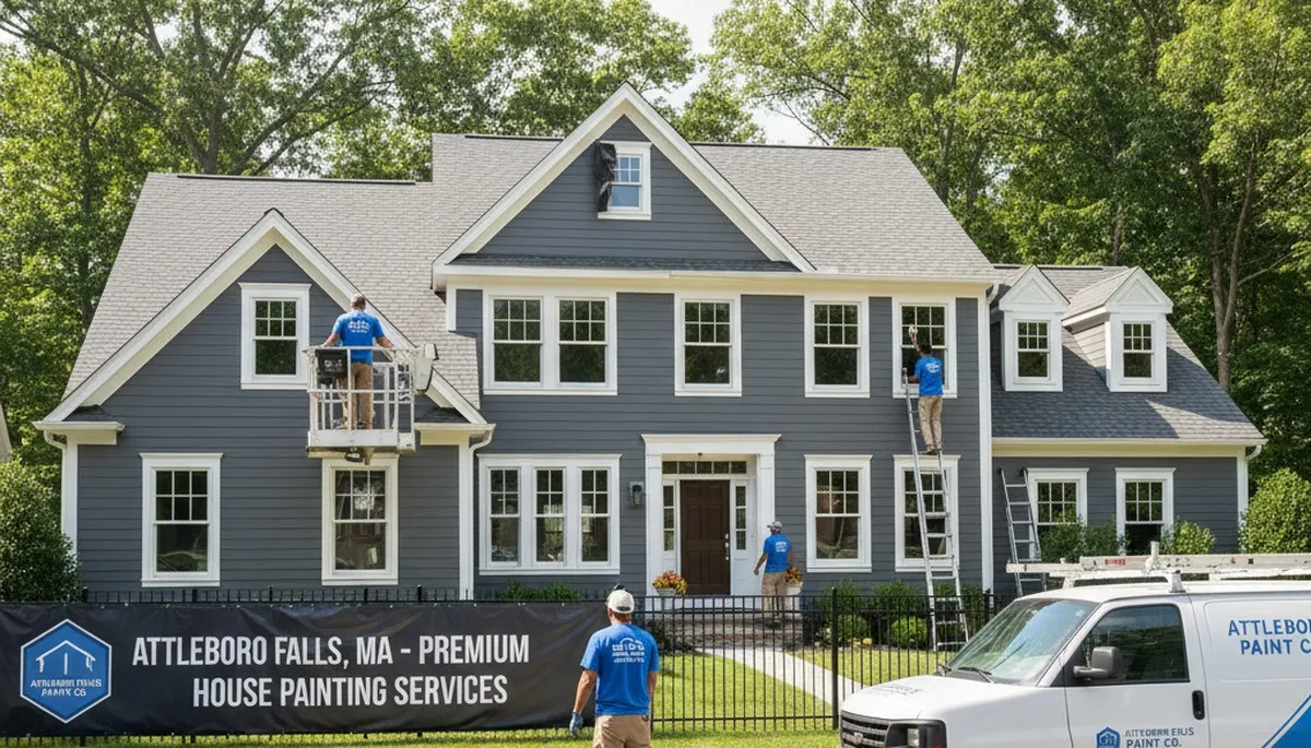Professional house painters finishing exterior siding in Mansfield MA