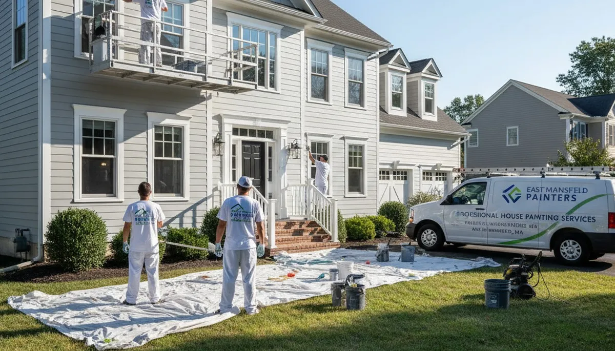 Professional house painters working on residential exterior in Mansfield MA