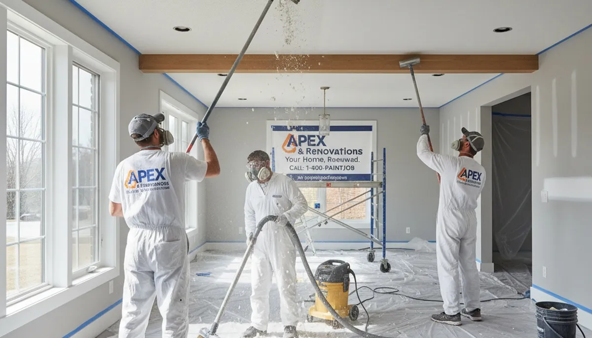Professional popcorn ceiling removal in Mansfield, MA home with smooth ceiling refinishing results