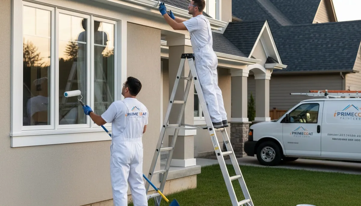 Professional trim and fascia painting on Mansfield MA home exterior by expert house painters